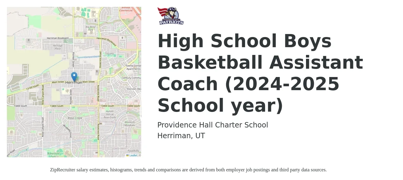 Providence Hall Charter School job posting for a High School Boys Basketball Assistant Coach (2024-2025 School year) in Herriman, UT with a salary of $26,500 to $49,800 Yearly with a map of Herriman location.