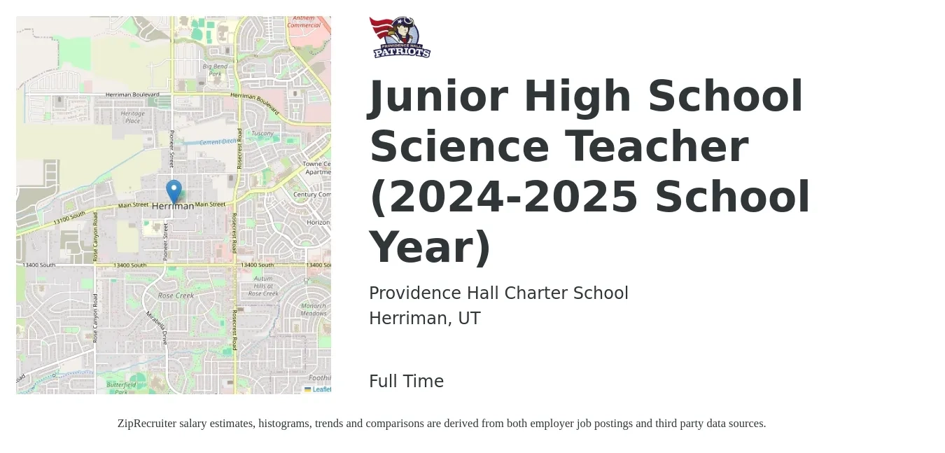 Providence Hall Charter School job posting for a Junior High School Science Teacher (2024-2025 School Year) in Herriman, UT with a salary of $50,400 Yearly with a map of Herriman location.