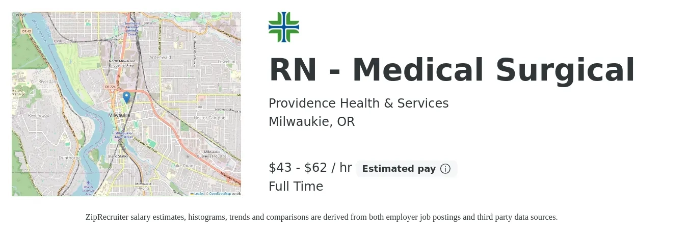 Providence Health & Services job posting for a RN - Medical Surgical in Milwaukie, OR with a salary of $45 to $65 Hourly with a map of Milwaukie location.
