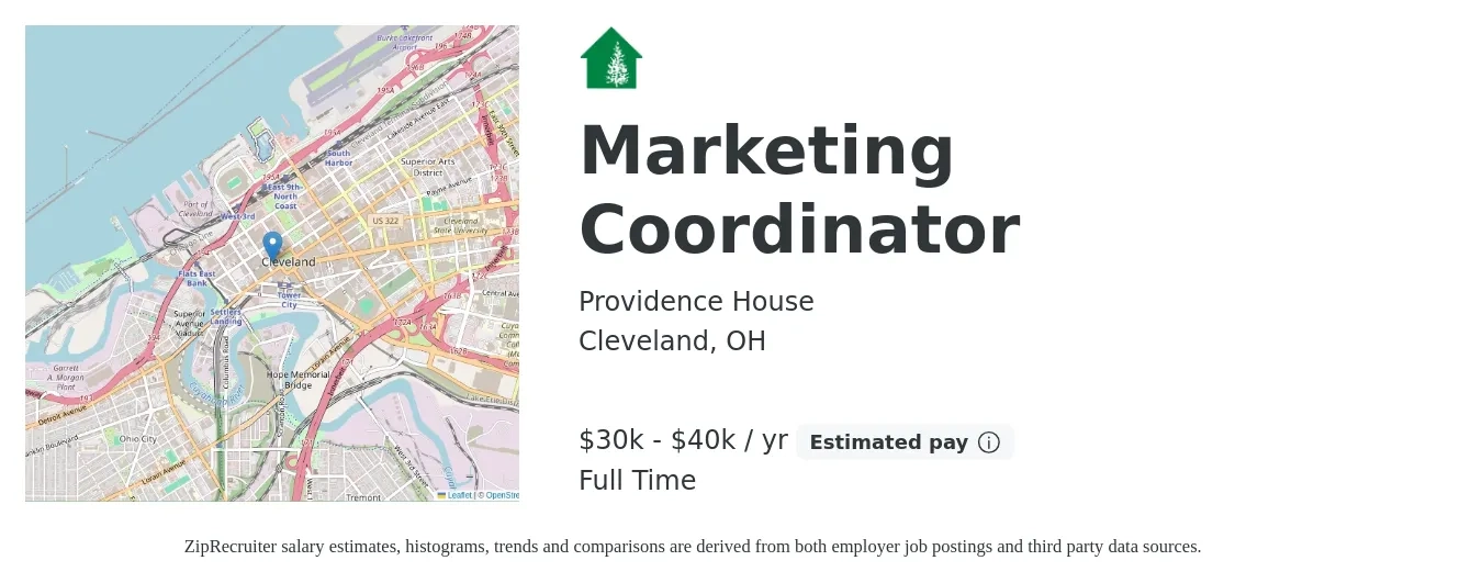 Providence House job posting for a Marketing Coordinator in Cleveland, OH with a salary of $30,000 to $40,000 Yearly with a map of Cleveland location.