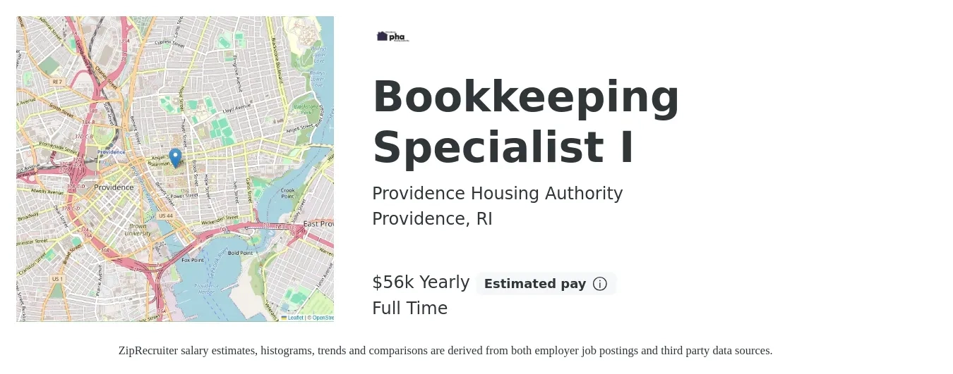Providence Housing Authority job posting for a Bookkeeping Specialist I in Providence, RI with a salary of $56,228 Yearly with a map of Providence location.