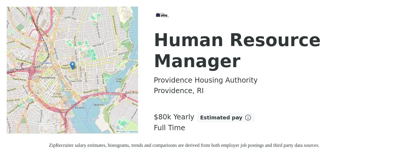 Providence Housing Authority job posting for a Human Resource Manager in Providence, RI with a salary of $80,000 Yearly with a map of Providence location.