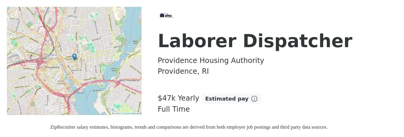 Providence Housing Authority job posting for a Laborer Dispatcher in Providence, RI with a salary of $47,674 Yearly with a map of Providence location.