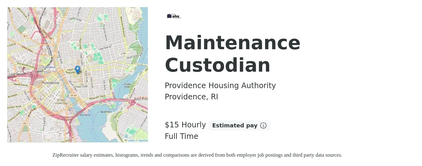 Providence Housing Authority job posting for a Maintenance Custodian in Providence, RI with a salary of $16 Hourly with a map of Providence location.