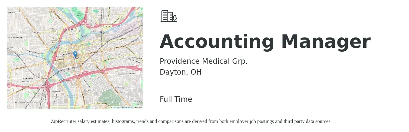 Providence Medical Grp. job posting for a Accounting Manager in Dayton, OH with a salary of $75,700 to $108,700 Yearly with a map of Dayton location.