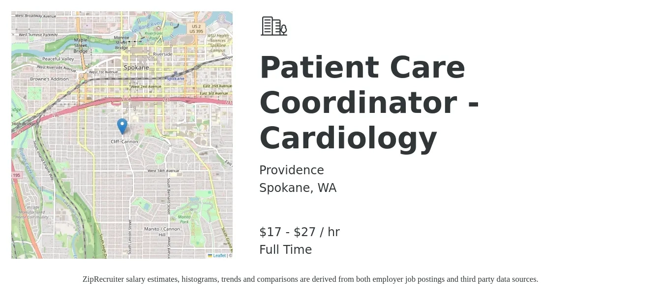 Providence job posting for a Patient Care Coordinator - Cardiology in Spokane, WA with a salary of $18 to $29 Hourly with a map of Spokane location.