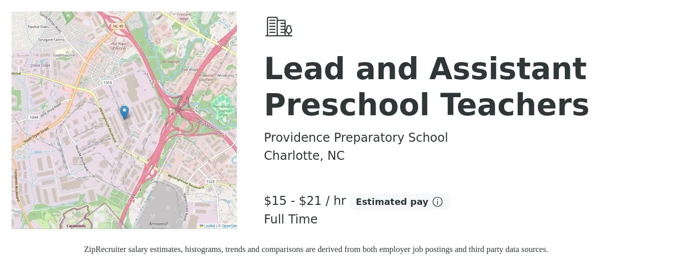 Providence Preparatory School job posting for a Lead and Assistant Preschool Teachers in Charlotte, NC with a salary of $16 to $22 Hourly with a map of Charlotte location.