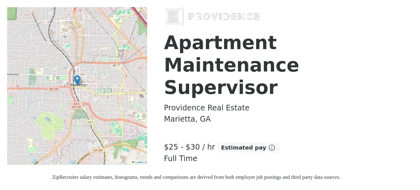 Providence Real Estate job posting for a Apartment Maintenance Supervisor in Marietta, GA with a salary of $27 to $32 Hourly with a map of Marietta location.