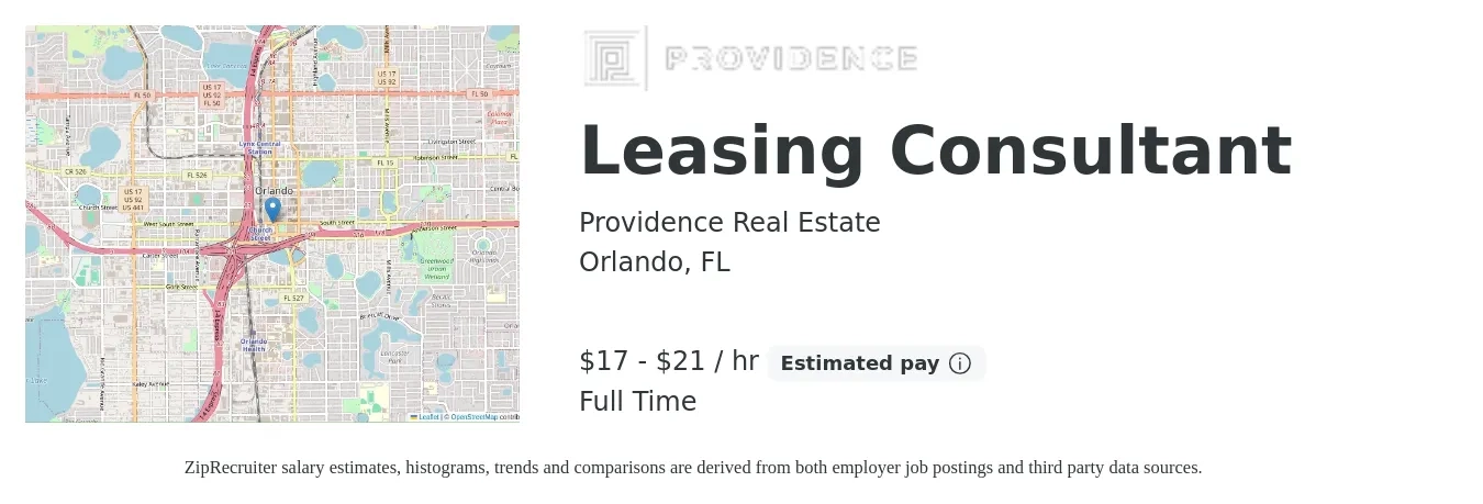 Providence Real Estate job posting for a Leasing Consultant in Orlando, FL with a salary of $18 to $22 Hourly with a map of Orlando location.