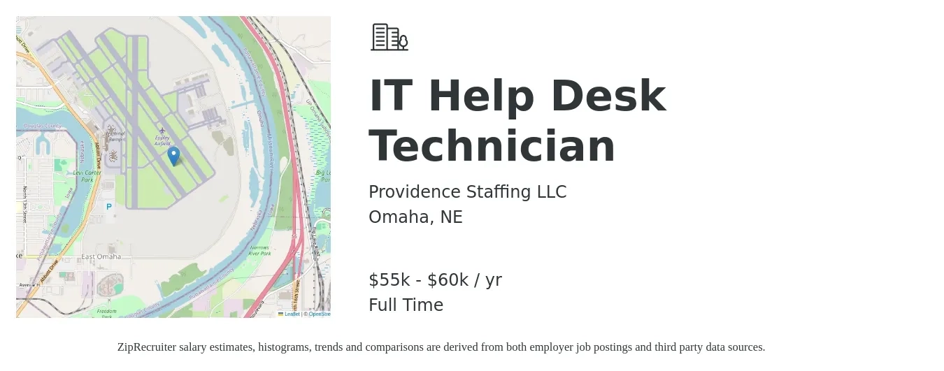 Providence Staffing LLC job posting for a IT Help Desk Technician in Omaha, NE with a salary of $55,000 to $60,000 Yearly with a map of Omaha location.