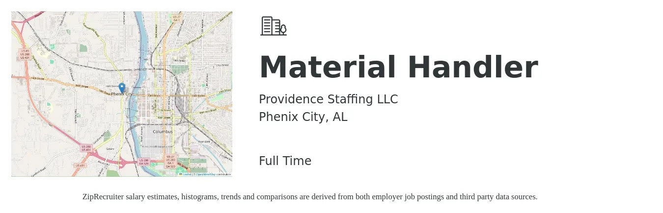 Providence Staffing LLC job posting for a Material Handler in Phenix City, AL with a salary of $15 to $18 Hourly with a map of Phenix City location.