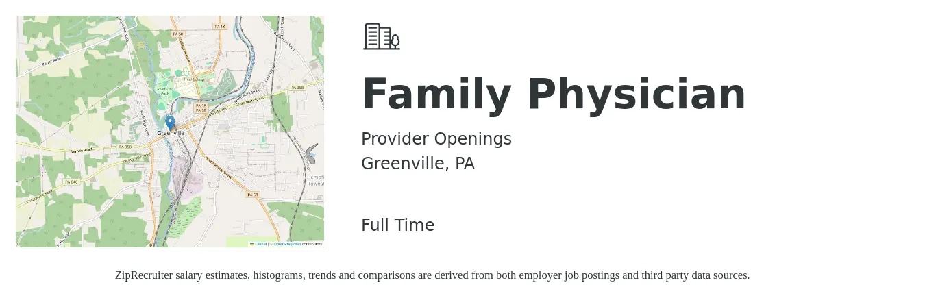 Provider Openings job posting for a Family Physician in Greenville, PA with a salary of $111,700 to $216,500 Yearly with a map of Greenville location.