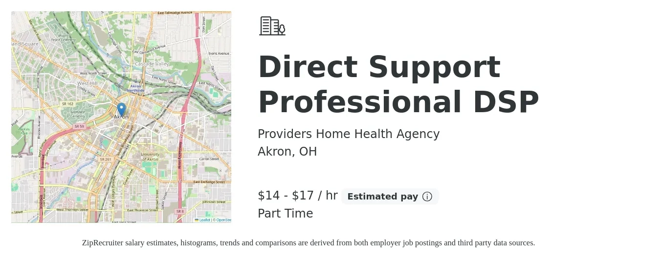 Providers Home Health Agency job posting for a Direct Support Professional DSP in Akron, OH with a salary of $15 to $18 Hourly with a map of Akron location.