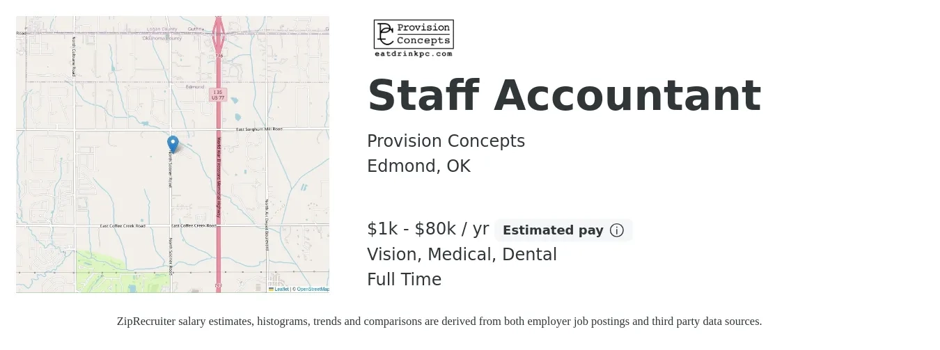 Provision Concepts job posting for a Staff Accountant in Edmond, OK with a salary of $1,000 to $80,000 Yearly and benefits including pto, retirement, vision, dental, life_insurance, and medical with a map of Edmond location.