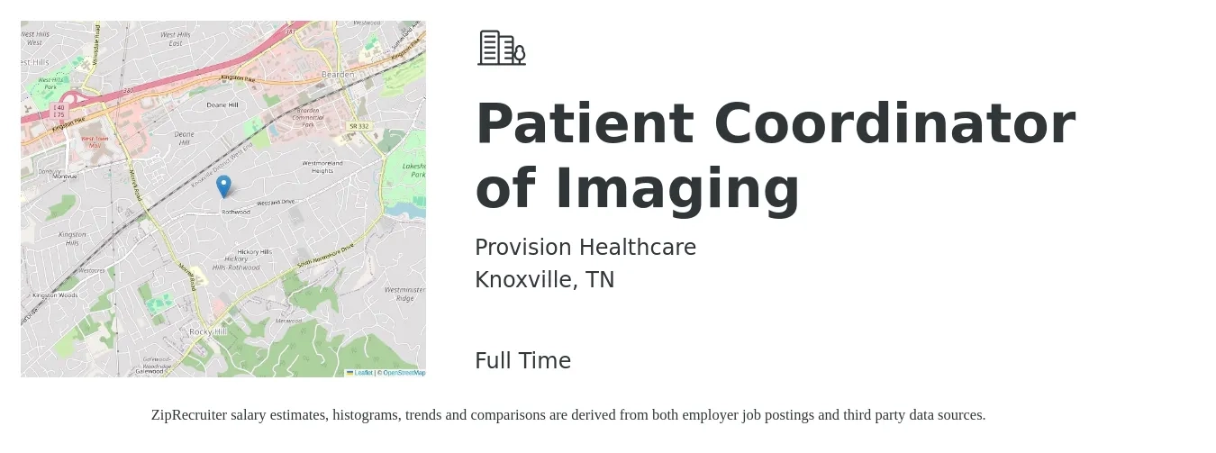 Provision Healthcare job posting for a Patient Coordinator of Imaging in Knoxville, TN with a salary of $17 to $22 Hourly with a map of Knoxville location.