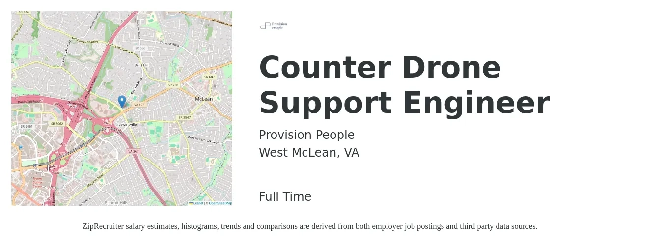 Provision People job posting for a Counter Drone Support Engineer in West McLean, VA with a salary of $31 to $49 Hourly with a map of West McLean location.