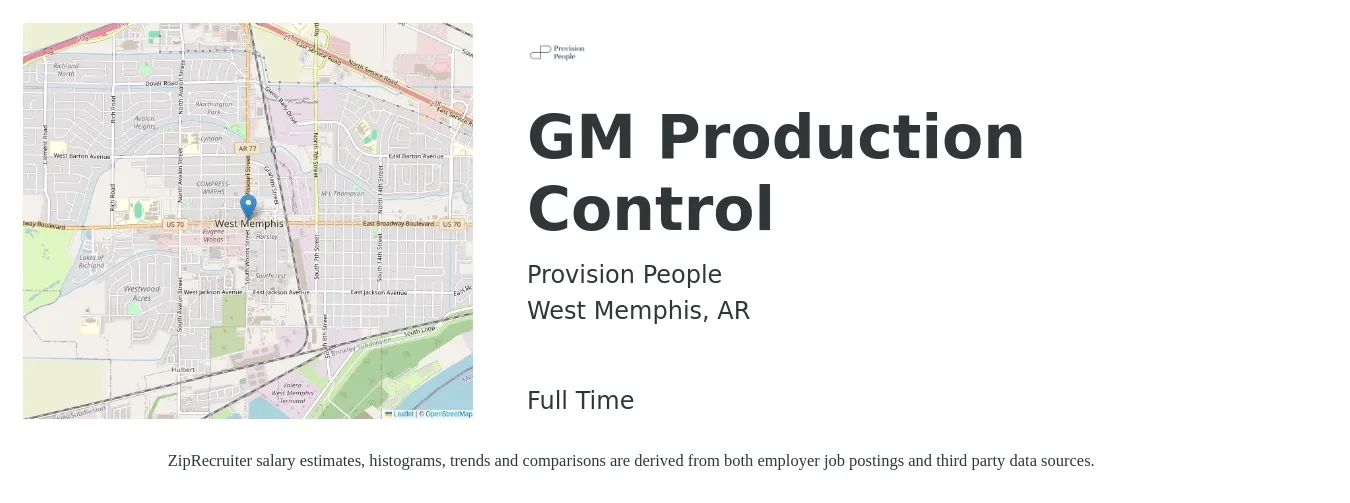 Provision People job posting for a GM Production Control in West Memphis, AR with a salary of $54,800 to $94,500 Yearly with a map of West Memphis location.