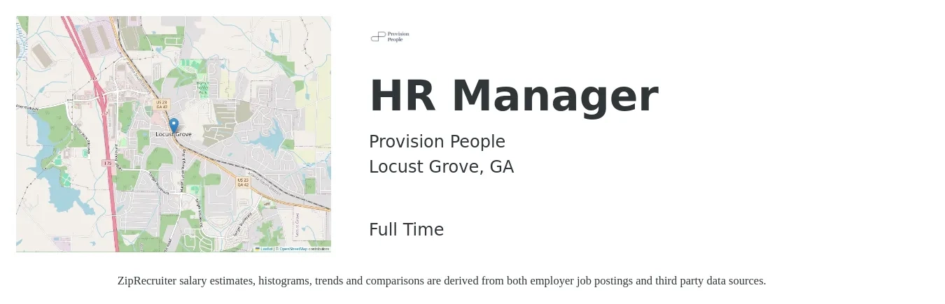 Provision People job posting for a HR Manager in Locust Grove, GA with a salary of $60,200 to $87,200 Yearly with a map of Locust Grove location.