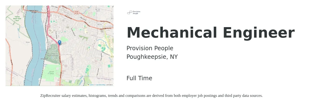 Provision People job posting for a Mechanical Engineer in Poughkeepsie, NY with a salary of $80,300 to $124,700 Yearly with a map of Poughkeepsie location.