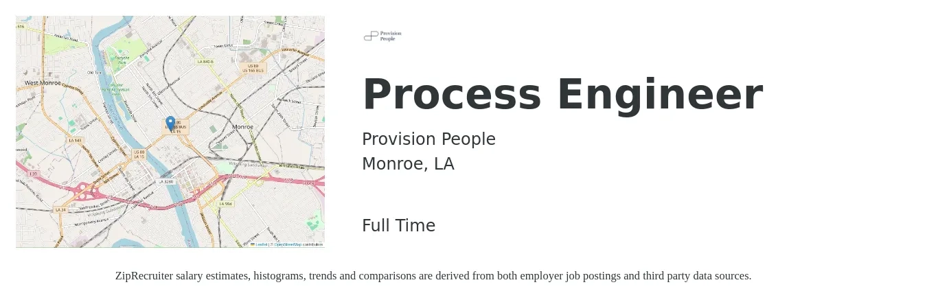 Provision People job posting for a Process Engineer in Monroe, LA with a salary of $71,700 to $99,100 Yearly with a map of Monroe location.