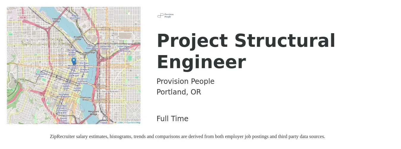 Provision People job posting for a Project Structural Engineer in Portland, OR with a salary of $85,100 to $113,800 Yearly with a map of Portland location.