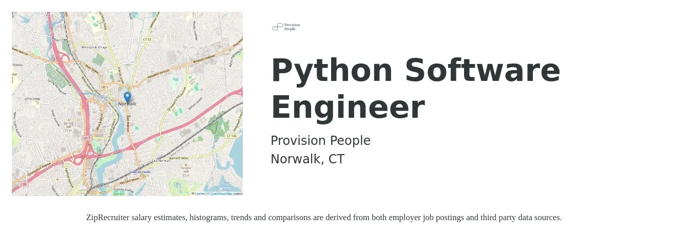 Provision People job posting for a Python Software Engineer in Norwalk, CT with a salary of $111,100 to $165,400 Yearly with a map of Norwalk location.