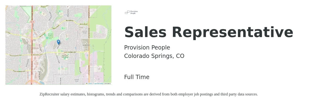 Provision People job posting for a Sales Representative in Colorado Springs, CO with a salary of $51,800 to $90,100 Yearly with a map of Colorado Springs location.