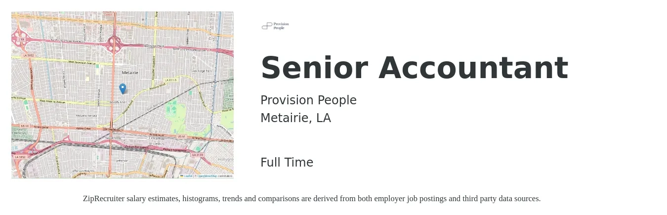 Provision People job posting for a Senior Accountant in Metairie, LA with a salary of $68,400 to $86,000 Yearly with a map of Metairie location.