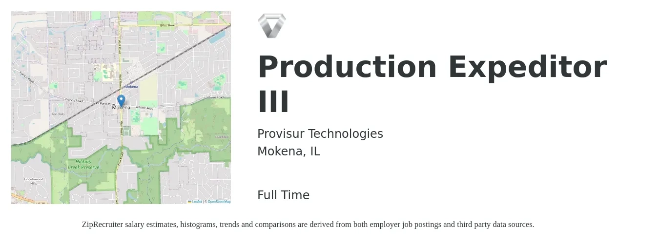 Provisur Technologies job posting for a Production Expeditor III in Mokena, IL with a salary of $20 to $30 Hourly with a map of Mokena location.