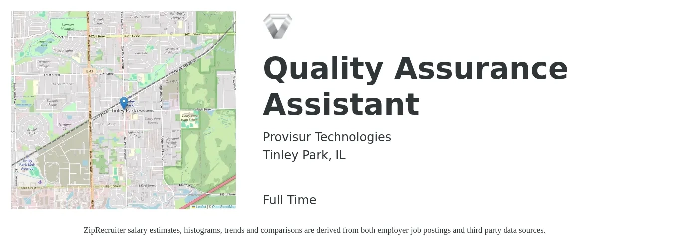 Provisur Technologies job posting for a Quality Assurance Assistant in Tinley Park, IL with a salary of $19 to $25 Hourly with a map of Tinley Park location.
