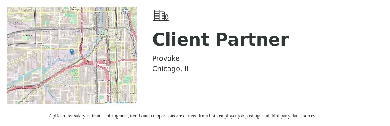 Provoke job posting for a Client Partner in Chicago, IL with a salary of $22 to $69 Hourly with a map of Chicago location.