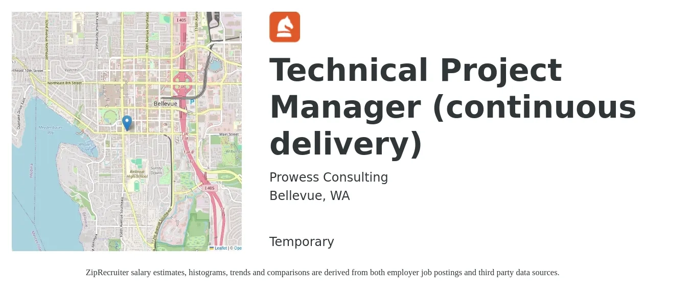 Prowess Consulting job posting for a Technical Project Manager (continuous delivery) in Bellevue, WA with a salary of $110,000 to $120,000 Yearly with a map of Bellevue location.