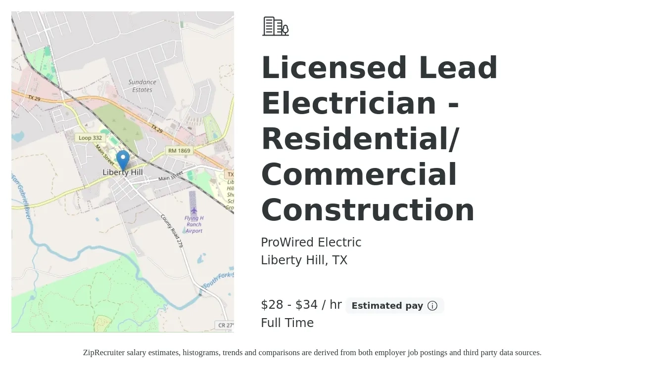 ProWired Electric job posting for a Licensed Lead Electrician - Residential/ Commercial Construction in Liberty Hill, TX with a salary of $30 to $36 Hourly with a map of Liberty Hill location.