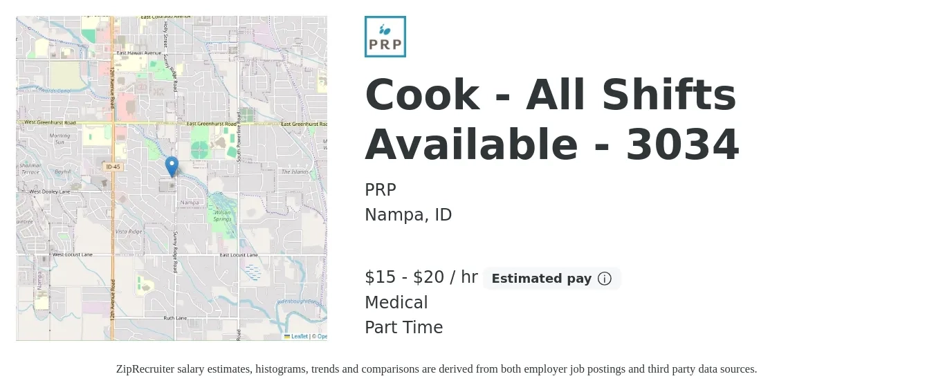 PRP job posting for a Cook - All Shifts Available - 3034 in Nampa, ID with a salary of $16 to $21 Hourly and benefits including medical with a map of Nampa location.