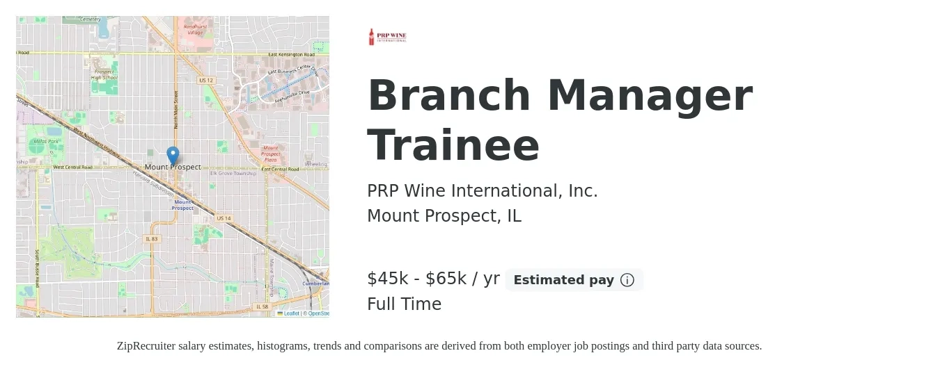 PRP Wine International, Inc. job posting for a Branch Manager Trainee in Mount Prospect, IL with a salary of $45,000 to $65,000 Yearly with a map of Mount Prospect location.