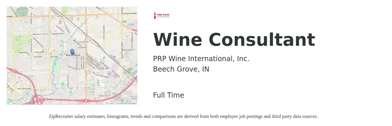 PRP Wine International, Inc. job posting for a Wine Consultant in Beech Grove, IN with a salary of $28,200 to $44,700 Yearly with a map of Beech Grove location.