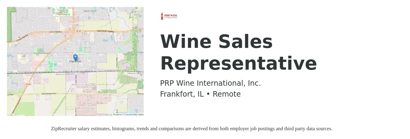 PRP Wine International, Inc. job posting for a Wine Sales Representative in Frankfort, IL with a salary of $34,900 to $56,000 Yearly with a map of Frankfort location.