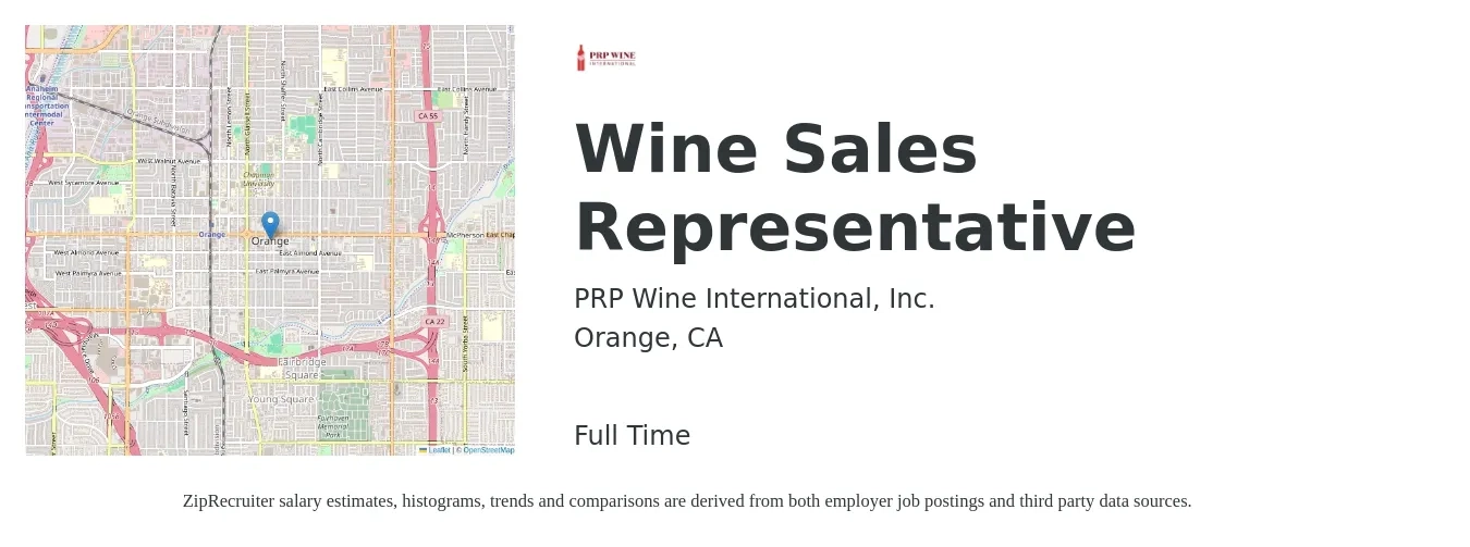 PRP Wine International, Inc. job posting for a Wine Sales Representative in Orange, CA with a salary of $38,100 to $61,100 Yearly with a map of Orange location.