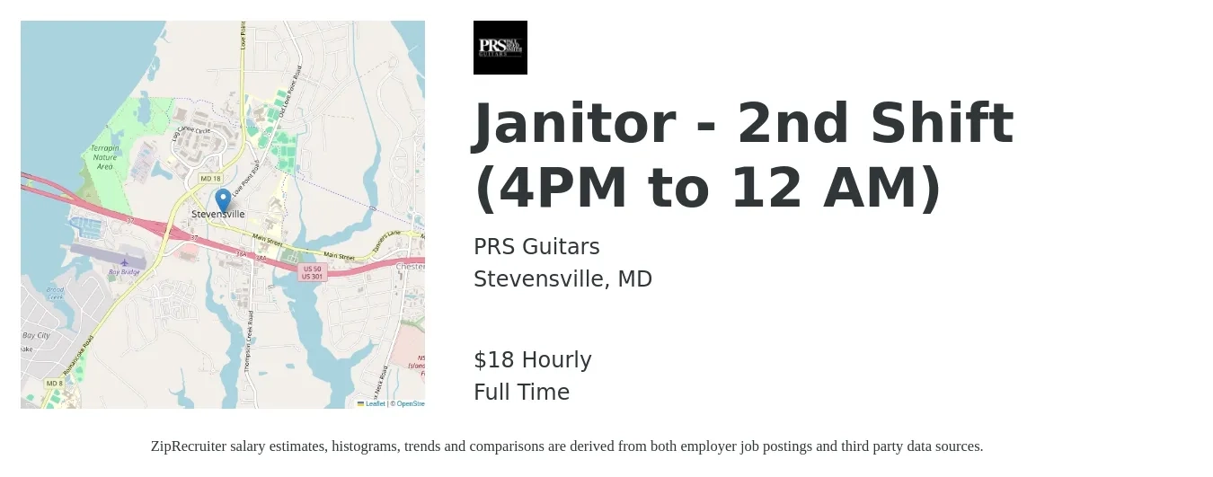 PRS Guitars job posting for a Janitor - 2nd Shift (4PM to 12 AM) in Stevensville, MD with a salary of $19 Hourly with a map of Stevensville location.