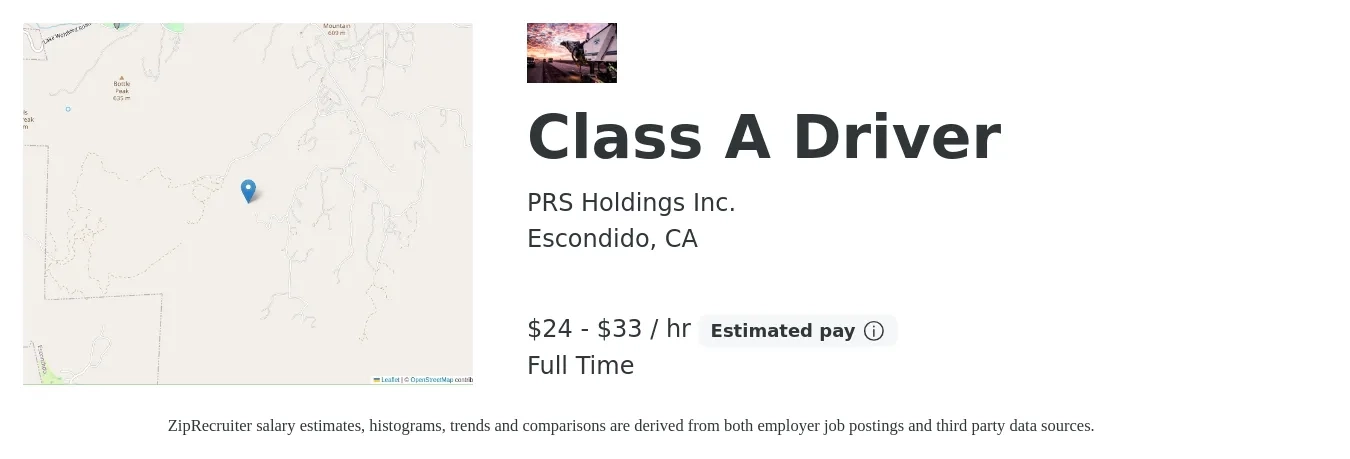 PRS Holdings Inc. job posting for a Class A Driver in Escondido, CA with a salary of $25 Hourly and benefits including dental, life_insurance, medical, retirement, and vision with a map of Escondido location.