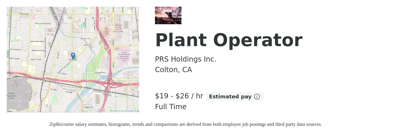 PRS Holdings Inc. job posting for a Plant Operator in Colton, CA with a salary of $20 Hourly and benefits including dental, life_insurance, medical, and retirement with a map of Colton location.