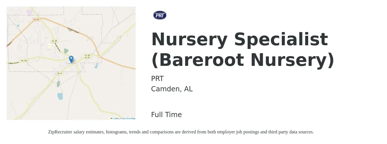 PRT job posting for a Nursery Specialist (Bareroot Nursery) in Camden, AL with a salary of $16 to $26 Hourly with a map of Camden location.