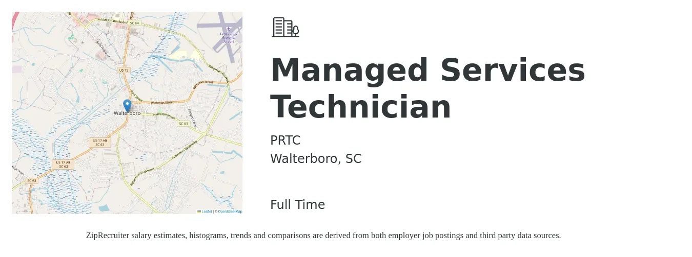 PRTC job posting for a Managed Services Technician in Walterboro, SC with a salary of $25 to $30 Hourly with a map of Walterboro location.