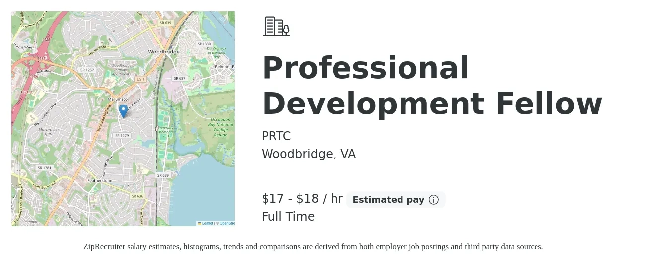 PRTC job posting for a Professional Development Fellow in Woodbridge, VA with a salary of $18 to $19 Hourly with a map of Woodbridge location.