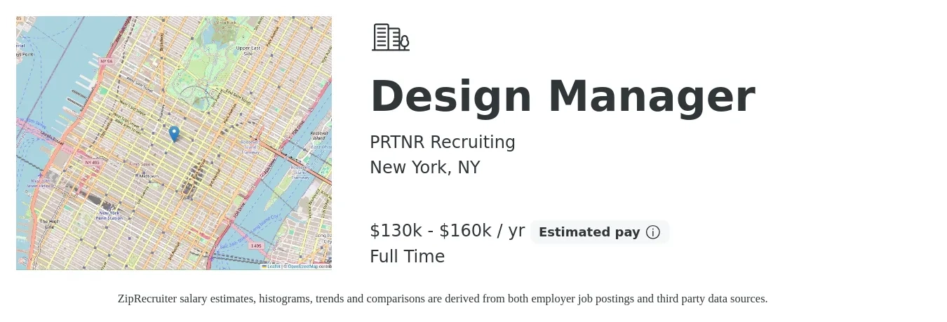 PRTNR Recruiting job posting for a Design Manager in New York, NY with a salary of $130,000 to $160,000 Yearly with a map of New York location.