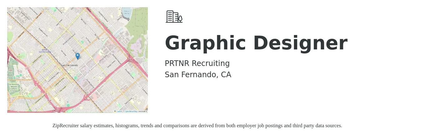 PRTNR Recruiting job posting for a Graphic Designer in San Fernando, CA with a salary of $80,000 to $90,000 Yearly with a map of San Fernando location.
