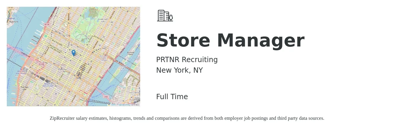 PRTNR Recruiting job posting for a Store Manager in New York, NY with a salary of $100,000 to $115,000 Yearly with a map of New York location.
