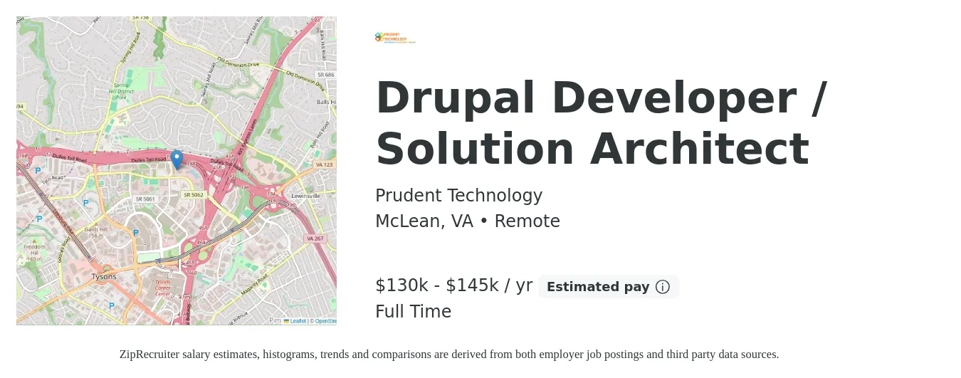 Prudent Technology job posting for a Drupal Developer / Solution Architect in McLean, VA with a salary of $130,000 to $145,000 Yearly with a map of McLean location.