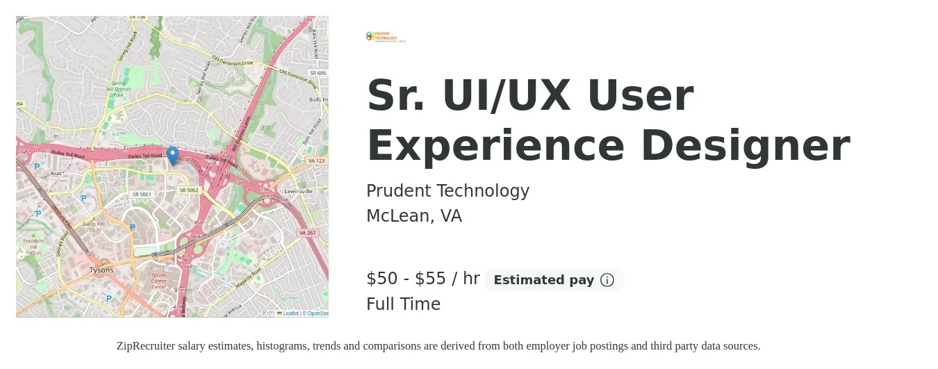 Prudent Technology job posting for a Sr. UI/UX User Experience Designer in McLean, VA with a salary of $110,000 to $120,000 Yearly with a map of McLean location.