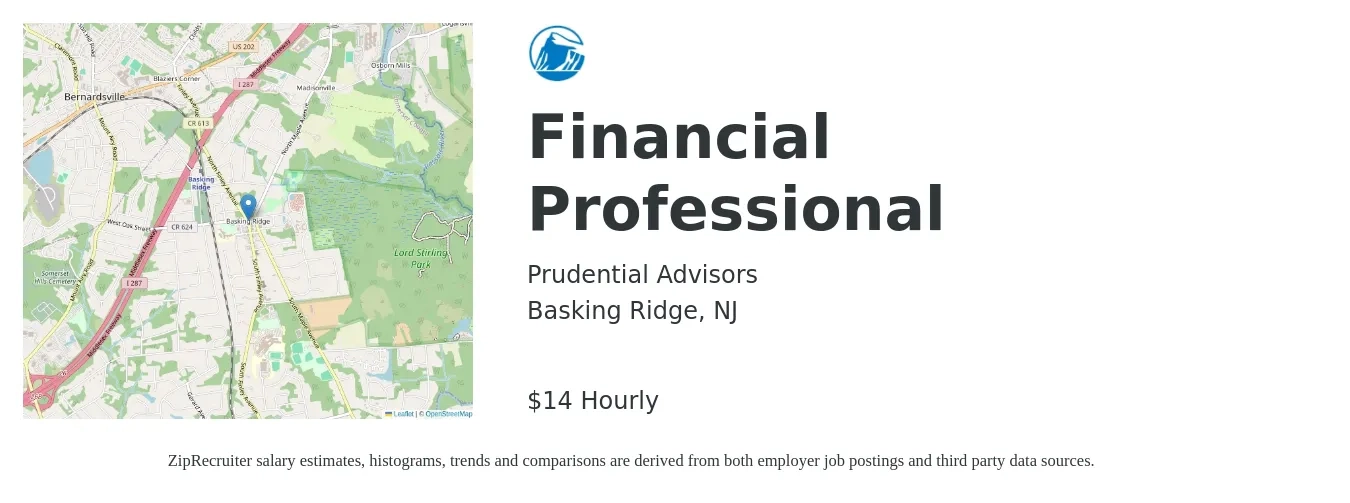 Prudential Advisors job posting for a Financial Professional in Basking Ridge, NJ with a salary of $77,300 to $112,300 Yearly and benefits including vision, 401k, dental, life_insurance, and medical with a map of Basking Ridge location.